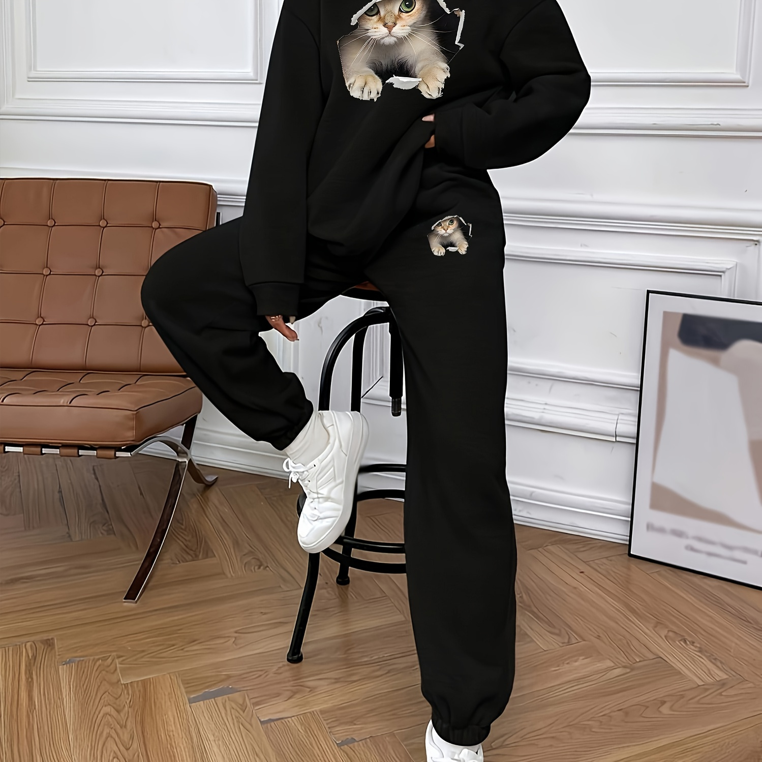 

's Cat Sweatshirt & Set - , Long Pullover , Waistband Pants, Washable - For Fall/
