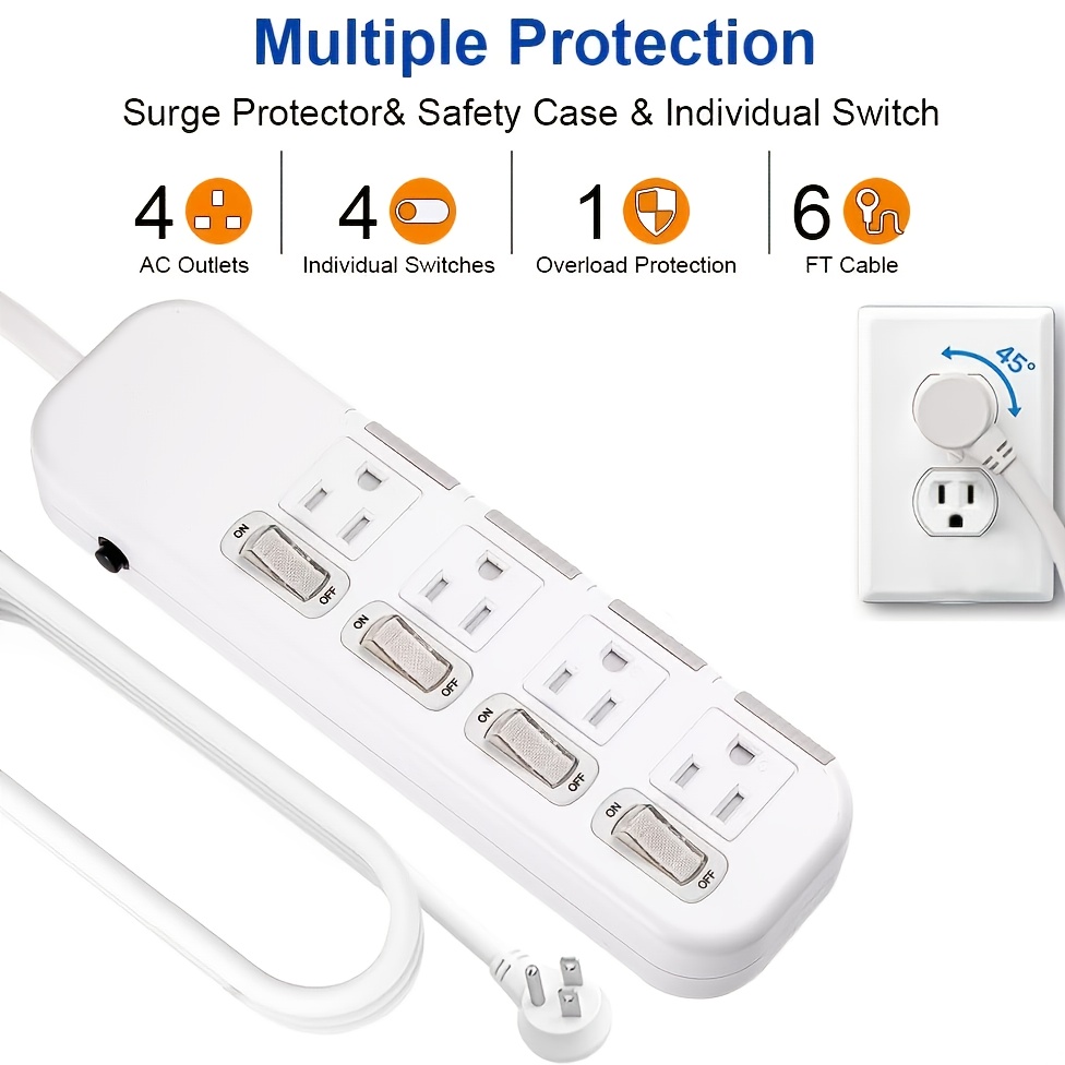 Flat Plug Power Strip Individual Switches, Extension Cord 6 feet, 4  Outlets, Surge Protector 300J, White, Baby Proof Outlet Cover 