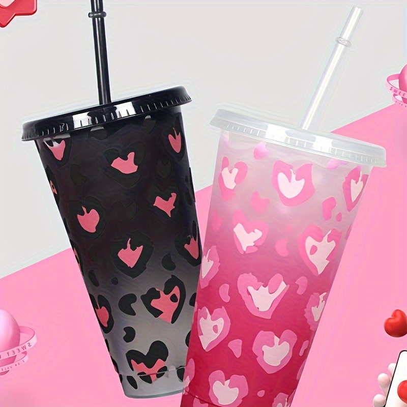 

1pc, Leopard Heart Print Color Changing Tumbler, 24oz/710ml Plastic Water Bottle, Reusable Water Cup With Lid And Straw, Summer Winter Drinkware, Travel Accessories, Gifts