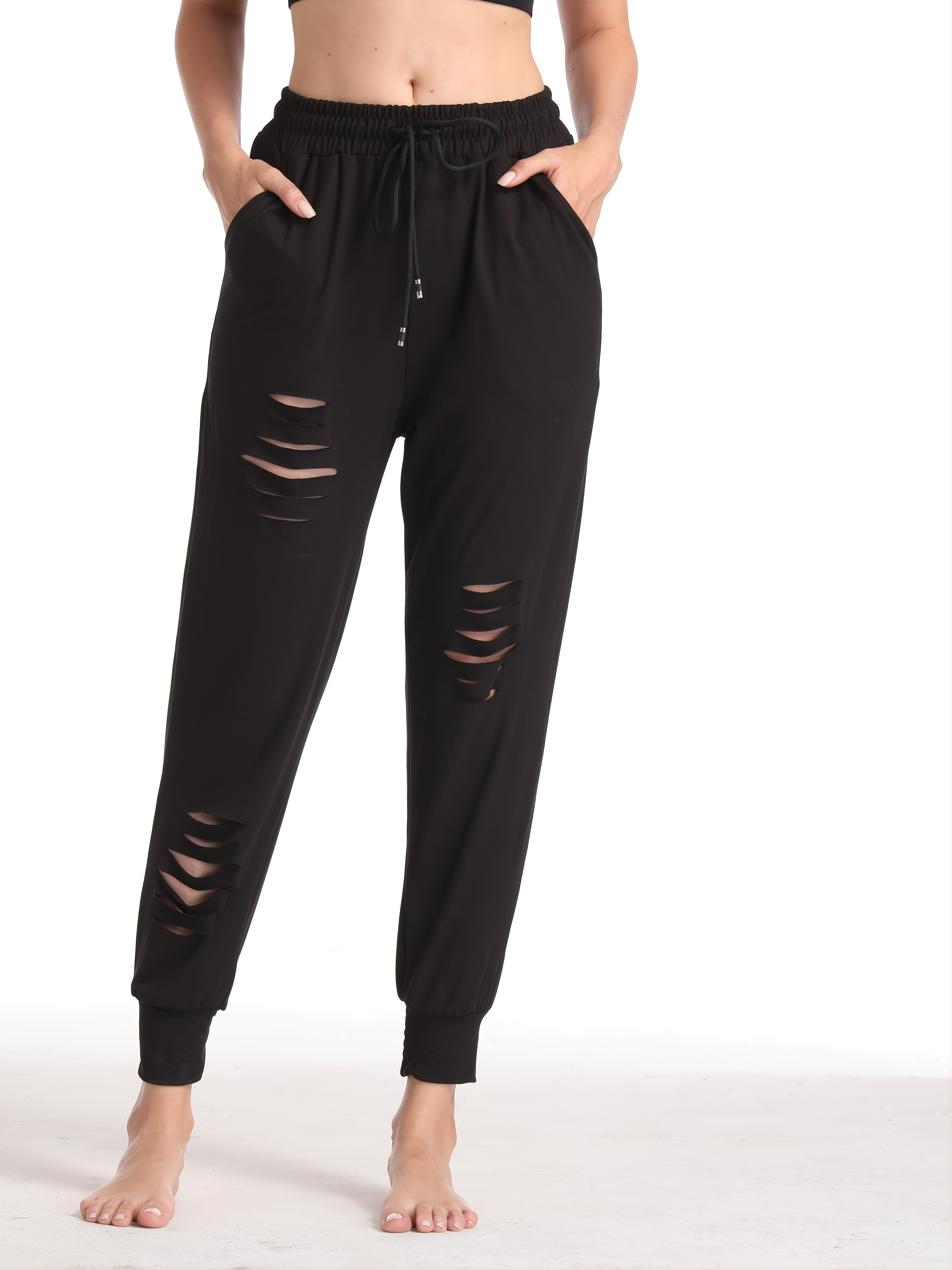 American-elm Cotton Stylish Designer Front Cut-out Black Ripped Jogger For  Women Everyday