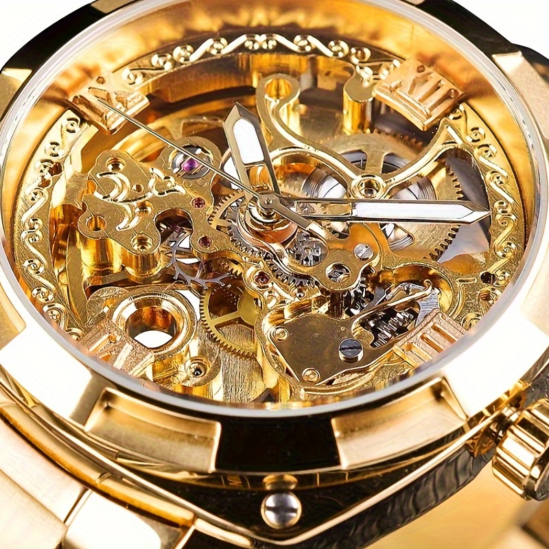 

Men's Luxury Automatic Mechanical Watch - Golden-tone Stainless Steel, Hands, Transparent Skeleton Back, Elegant Or Casual Wear