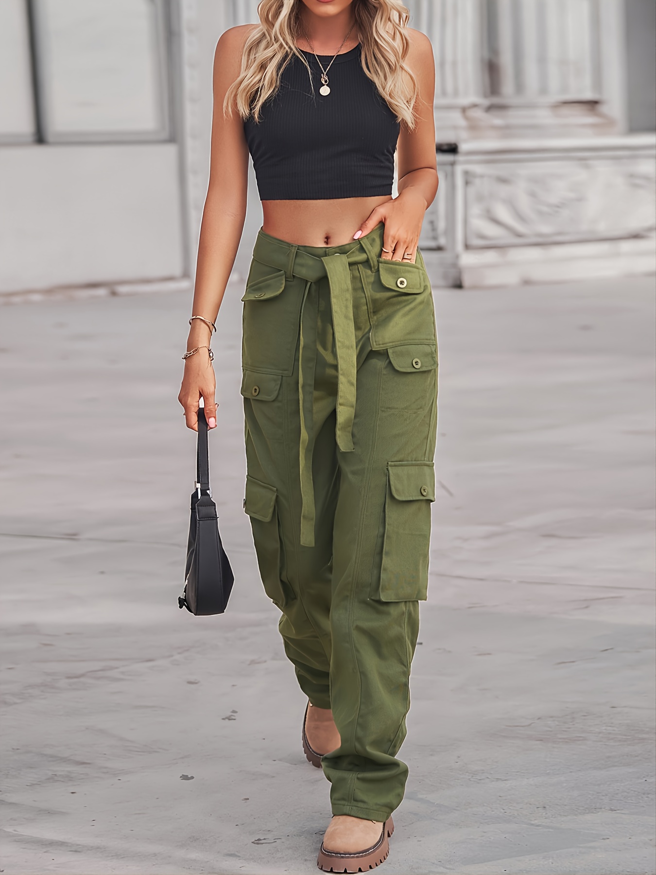 Multi pocket Baggy Cargo Pants Loose Fit Non stretch Belt - Temu Canada