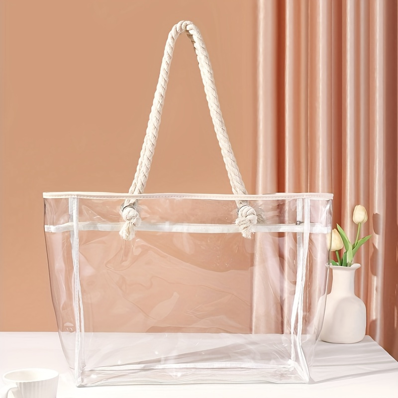 TEMU Pvc Transparent Shoulder Bag, Large Capacity Trendy Simple Style Durable Reusable Canvas Bags For Outdoor Picnic, Travelling, Daily Commute