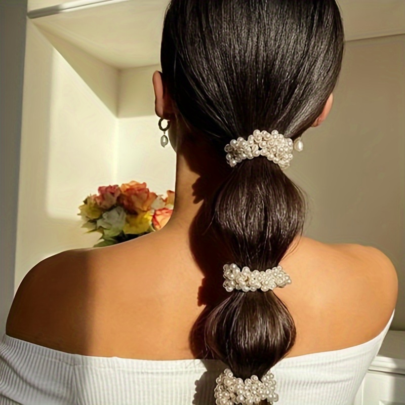 

3pcs Elegant Faux Pearl Decorative Hair Loops Elastic Hair Ties Non Slip Ponytail Holders For Women And Daily Use Wear