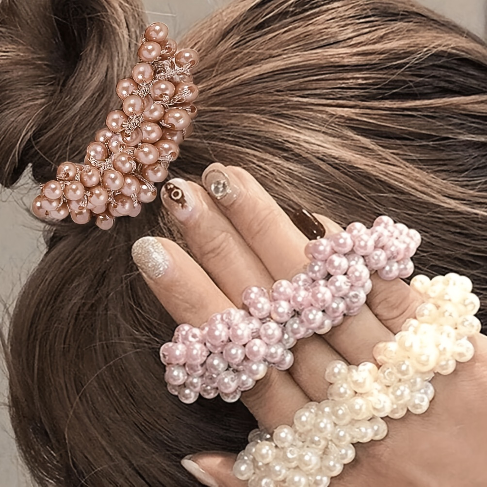 

3 Pcs Sweet Pearl Beaded Hair Accessories: Pearl Headbands & Hair Ties - Elegant, Pu Leather, Suitable For Ages 14 And Up