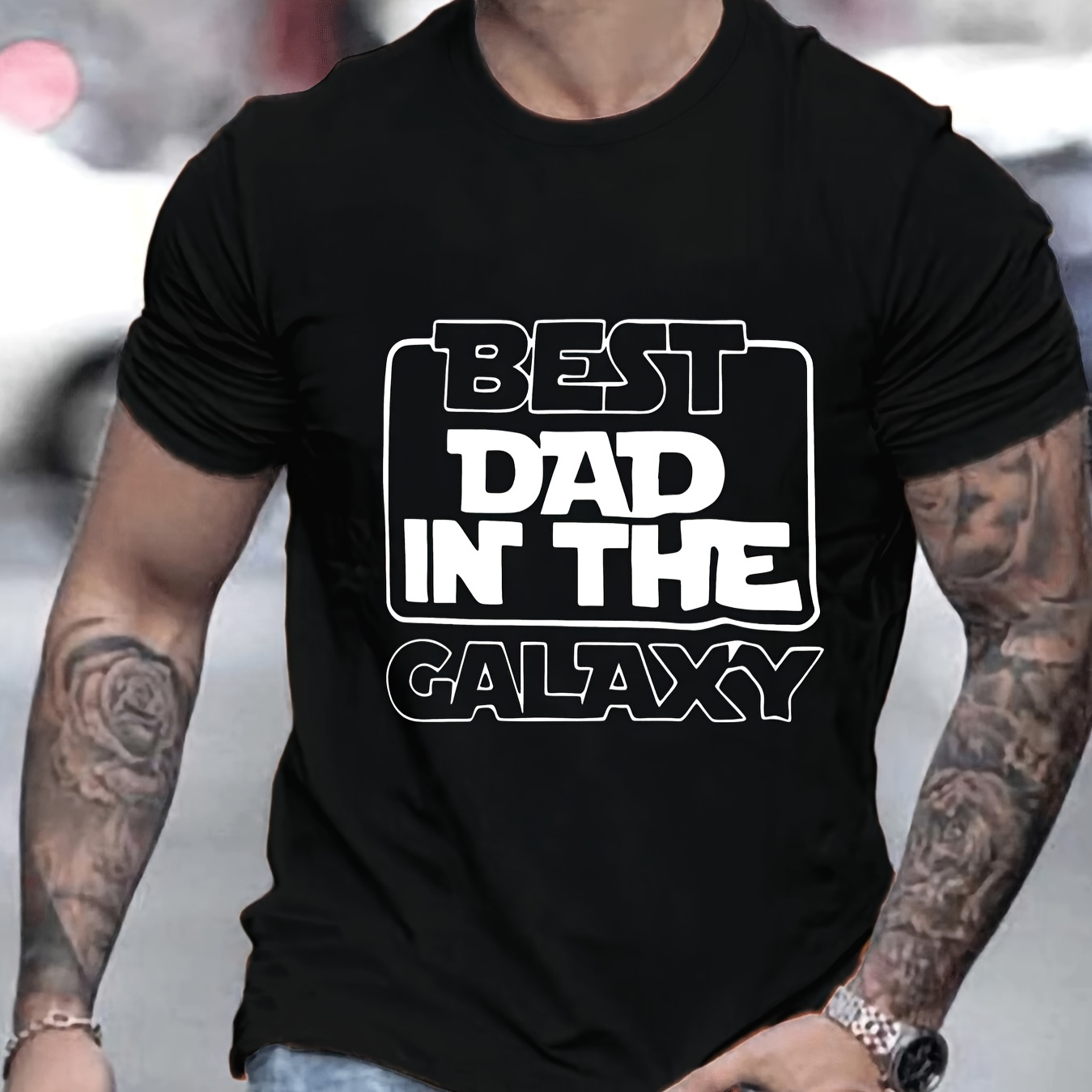 

1pc Men's Casual Crew Neck T-shirt - "best Dad In " Print, Polyester Knit Fabric With Stretch, Regular Fit For Summer - Adult Patterned Tee