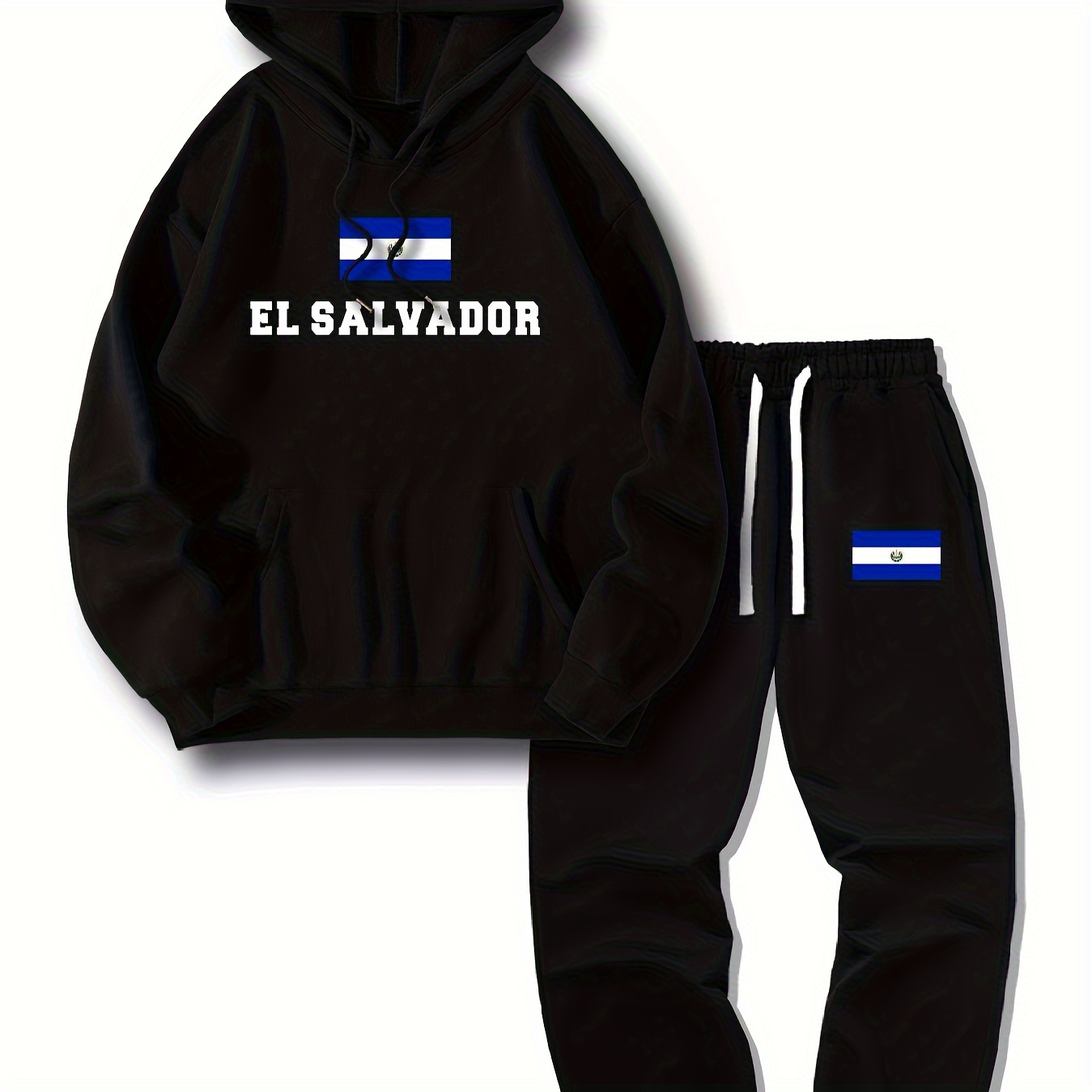 

El Salvador Flag Graphic Hooded Sweatsuit Set With Pockets, 100% Polyester Knit Fabric, Casual Hoodie And Sweatpants Outfit With Slight Stretch, Regular Wear