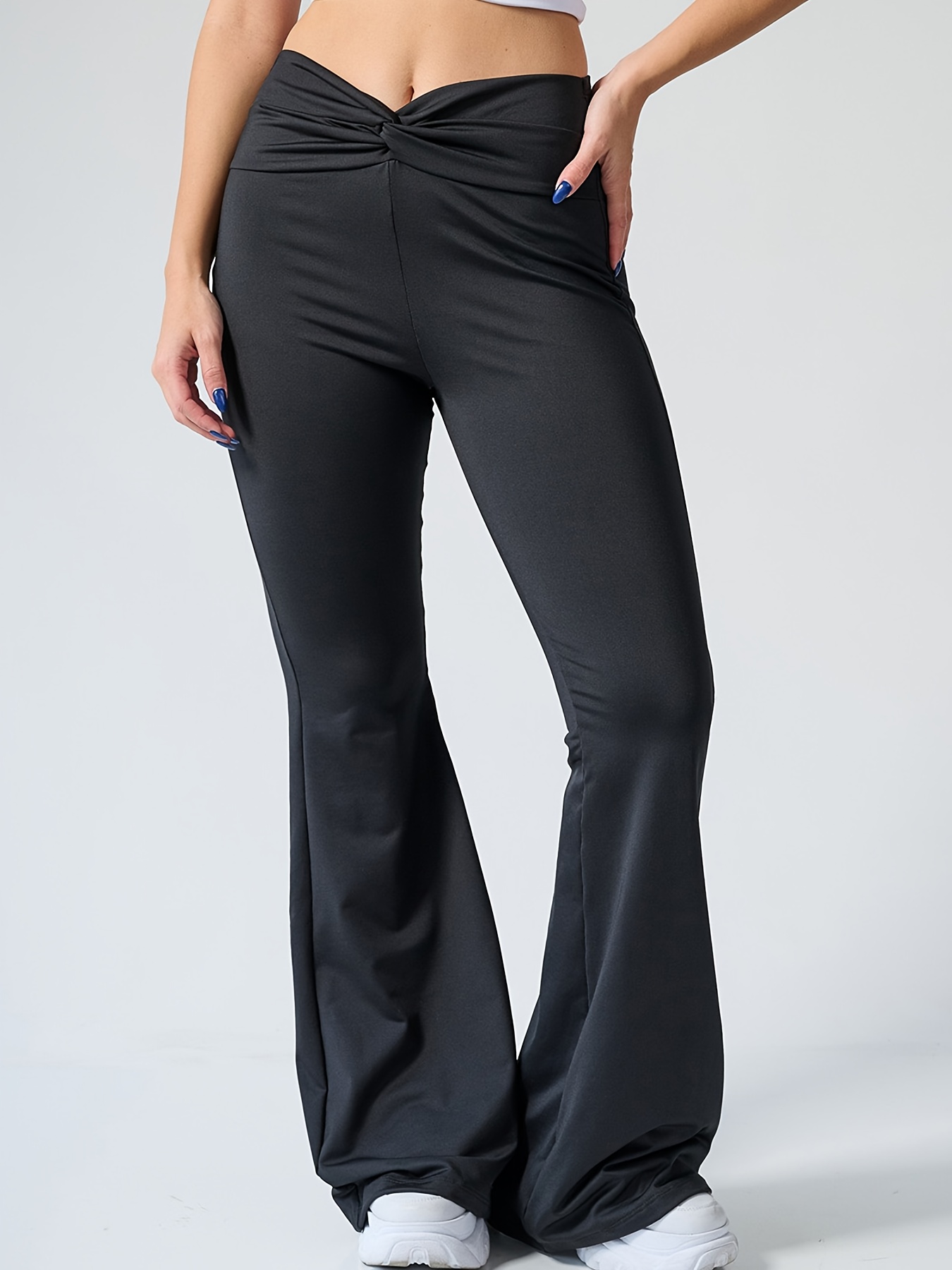 Ruched Waist Flare Leg Pants Solid Color Casual Workout - Temu