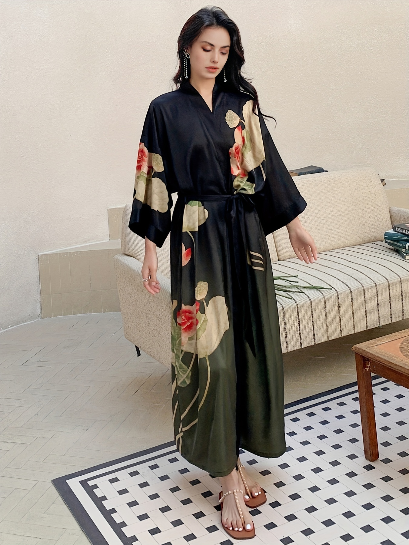 Batas Kimono Mujer Bata Larga Satén Batas Florales Kimonos - Temu