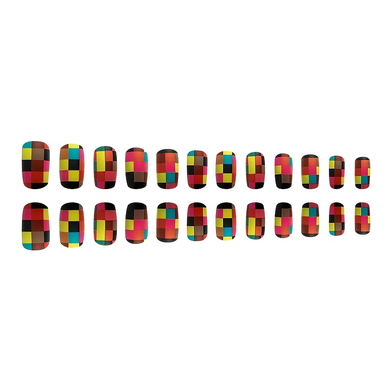 square press on nails short fake nails full cover false nails with colorful mosaic designs matte colorful glue on nails cute square acrylic nails for women and girls nail art decorations 24pcs details 0