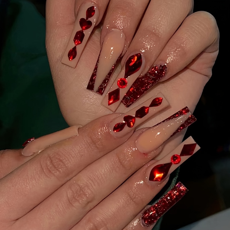 Long Press On Nails Red Rhinestone Coffin Nails Art - Temu