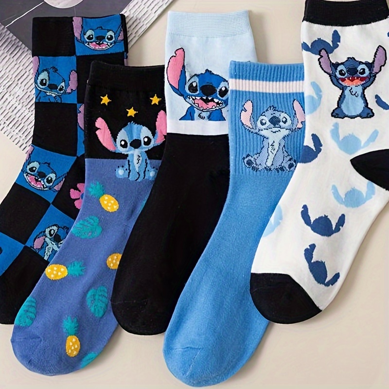 

5 Pairs Disney Stitch Cartoon Socks, Sweat-absorbing Breathable Comfy Casual Unisex Stocking, Summer Hosiery For Home Dorm Travel Outdoor Wearing Birthday Gift