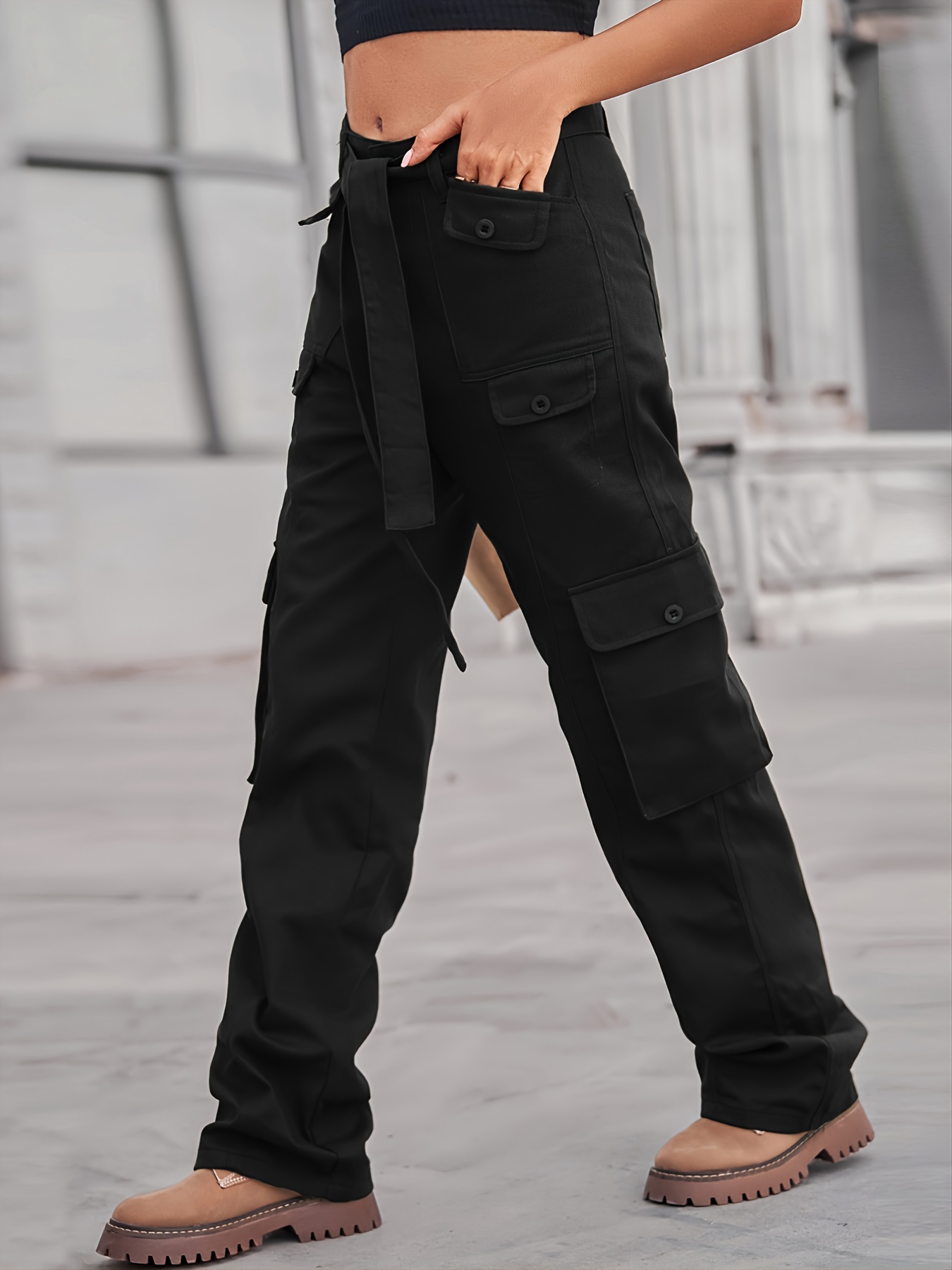 Multi-Pocket Baggy Cargo Pants, Loose Fit Non-Stretch With Belt ...