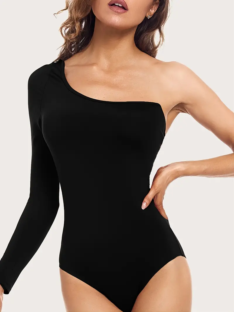 Women's Sexy One Shoulder Skinny Bodysuit Solid Long Sleeve - Temu