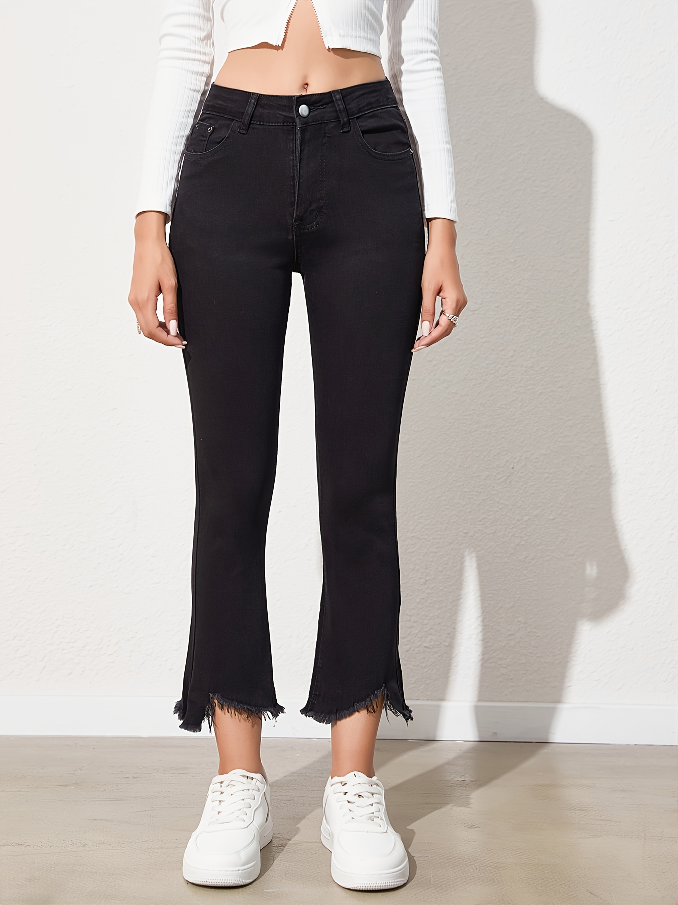 Black Slim Fit Flare Jeans High Stretch High Waist Versatile - Temu