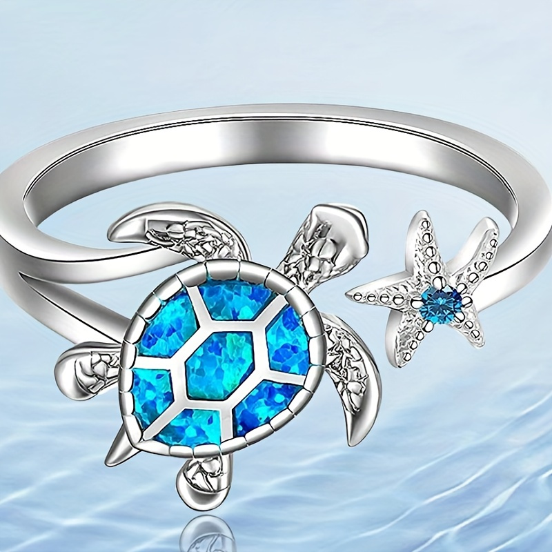 Anel Requintado com Design de Tartaruga Marinha e Estrela-do-Mar, Presente de Aniversário ou Natal