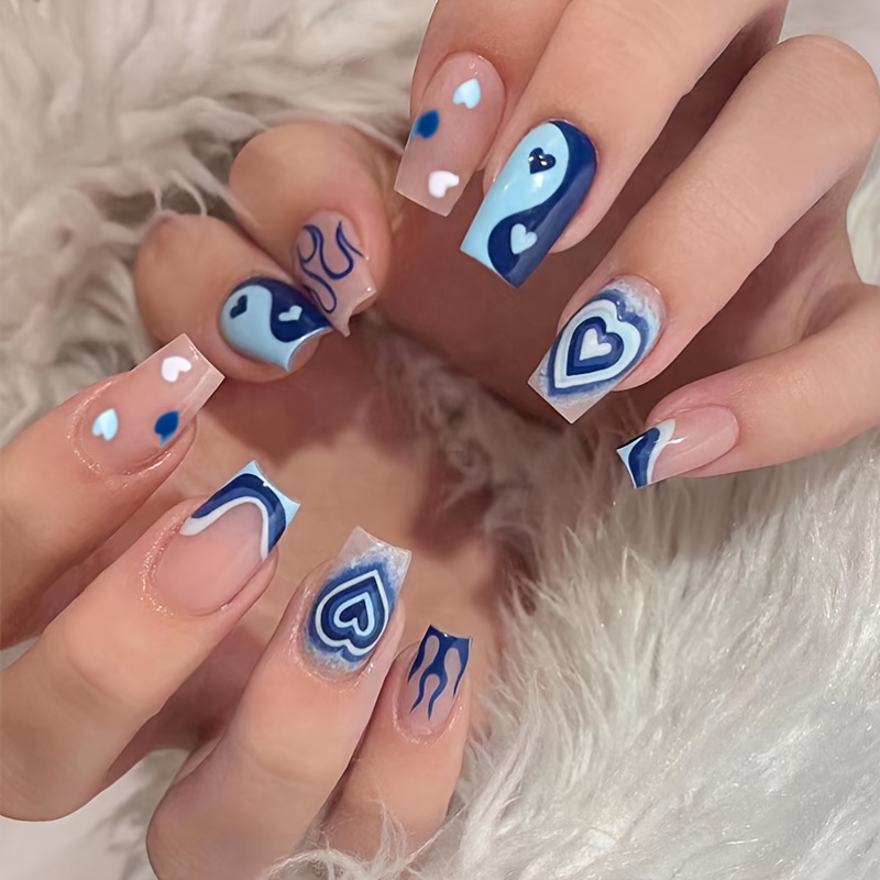 DEEP BLUE Halloween Press on Nails, Blue Nails With Piercing, Long Dark  Stick on Nails, Nail Charms, Solid Colour Press on Nails 