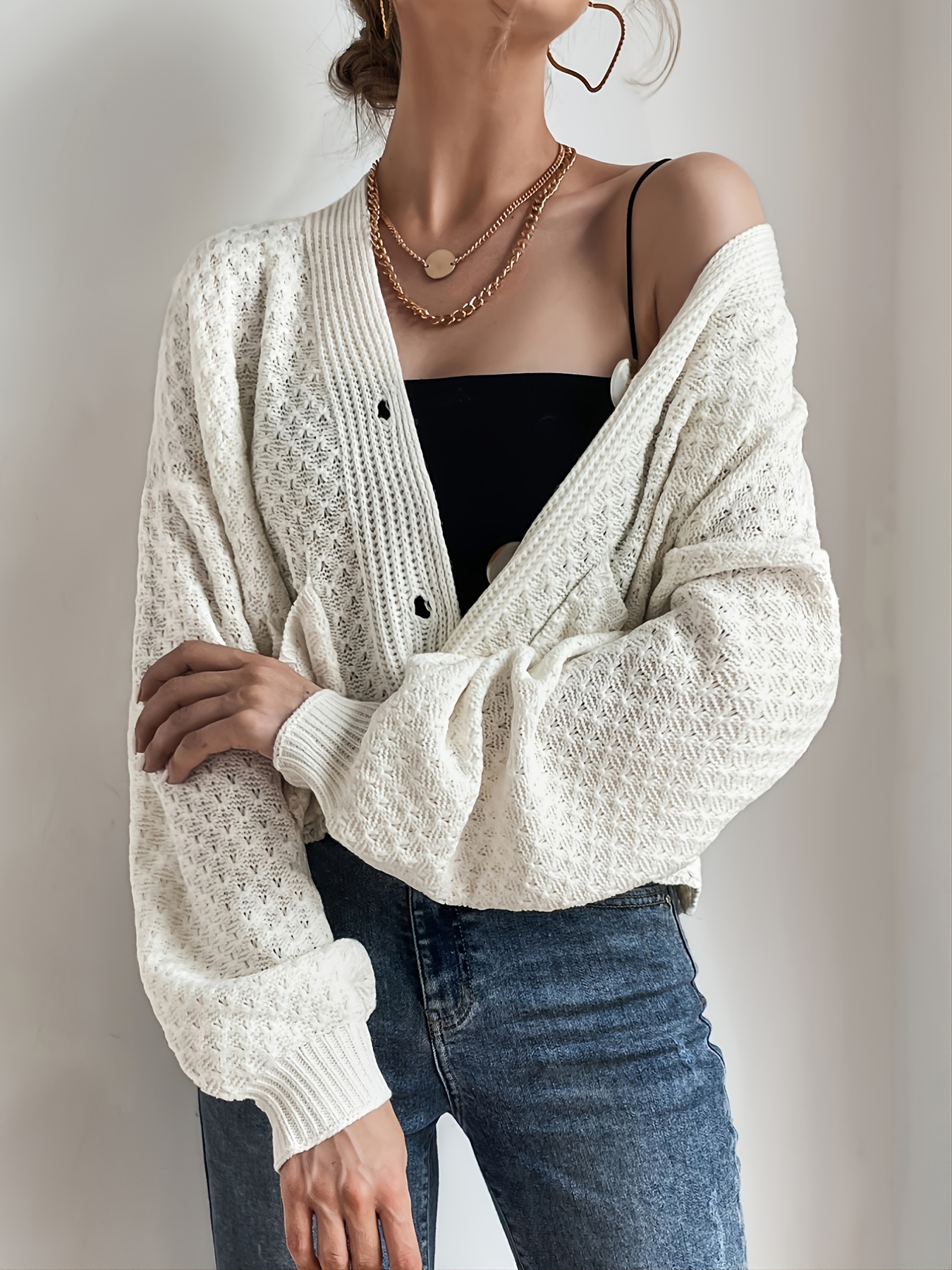 Casual V neck Patched Thin Crop Cardigans Solid Loose Long - Temu