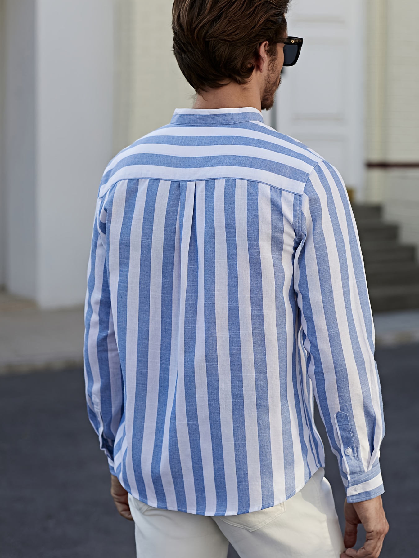 Striped Print Lapel Neck Long Sleeve Shirt, Men's Button-Down Non-Stretch Casual Spring/Fall Striped Dress Shirts Shirt,Temu