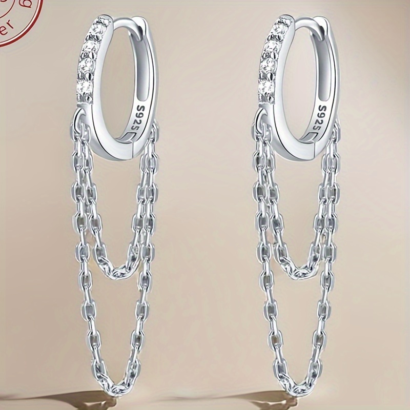 

Miseff Genuine 925 Sterling Silver Stone Inlaid Double Chain Earrings Suitable For Daily And Holiday Women's Luxury Fashion Jewelry Gifts