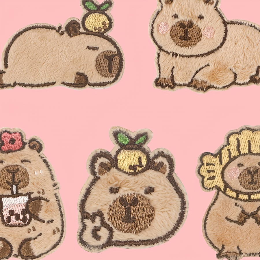 

5pcs Cute Capybara Plush Patch Set - Thermal Adhesive & Sew-on Cartoon Embellishments For Clothing