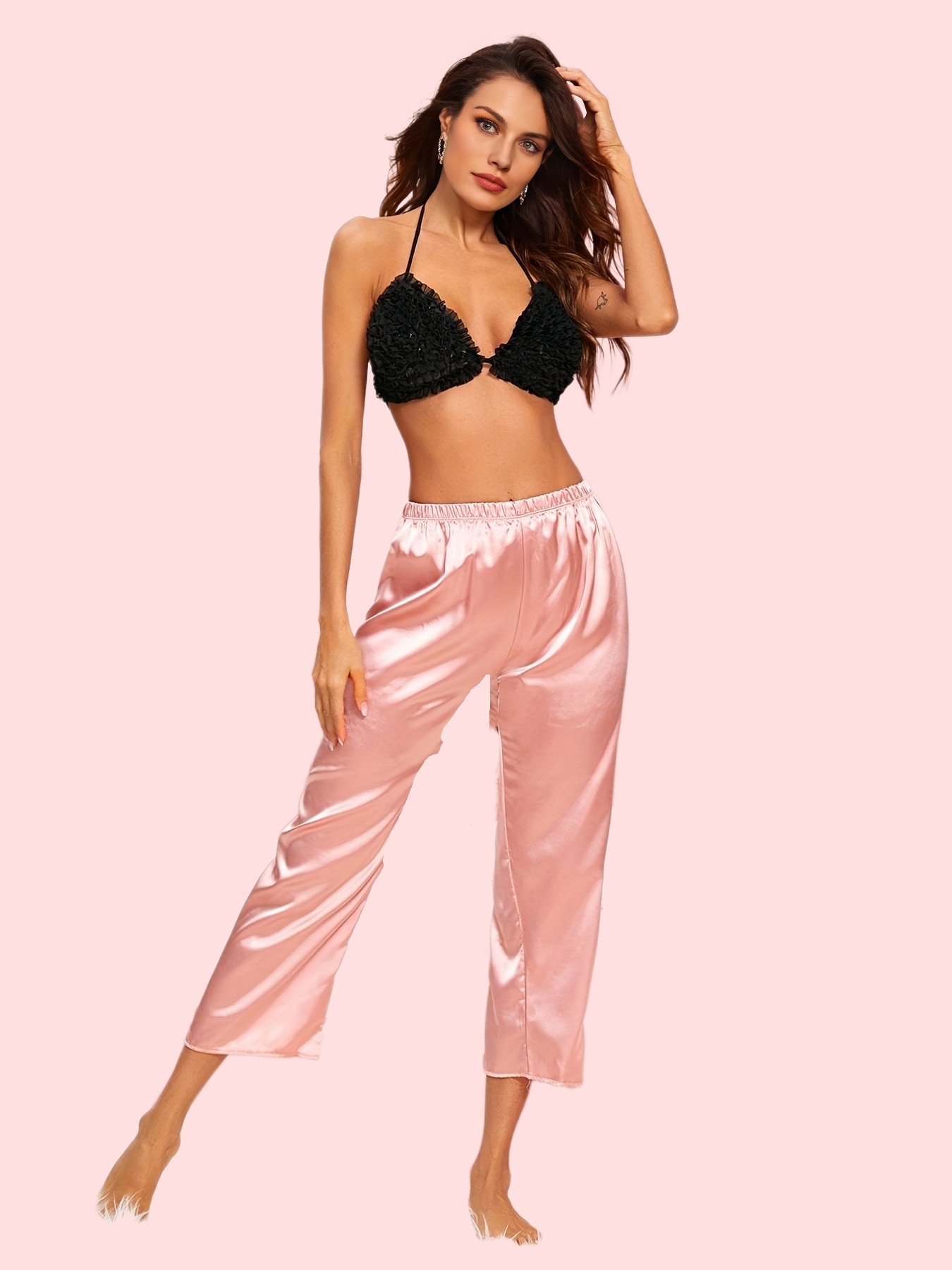 Women's Pink Bralette Pyjamas Set Satin