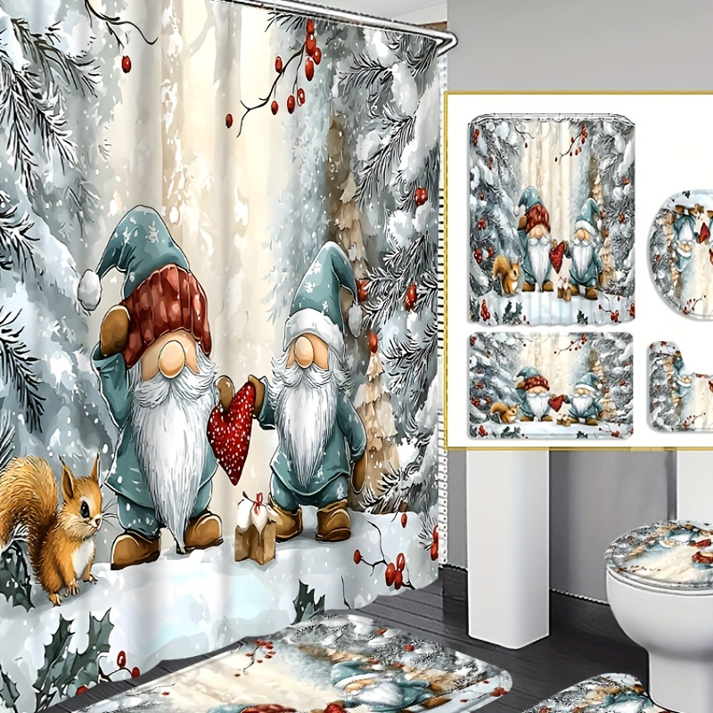 

4pcs Christmas Dwarf Squirrel Shower Curtain Decoration, Beautiful Housewarming Gift, Modern Home Decoration, Waterproof Shower Curtain And Toilet Floor Mat 3 Piece Set With 12 Shower Curtain Hooks