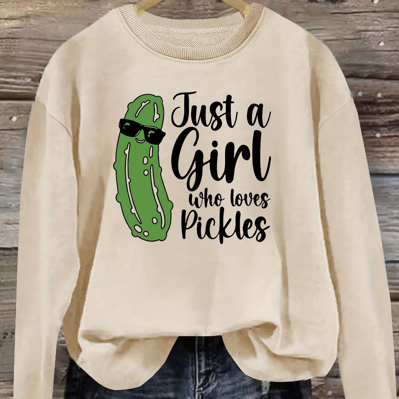 

Just A Girl Who Loves Pickles Print Pullover Sweatshirts, Long Sleeve Crew Neck Casual Sweatshirt For Fall & Spring, Women's Clothing