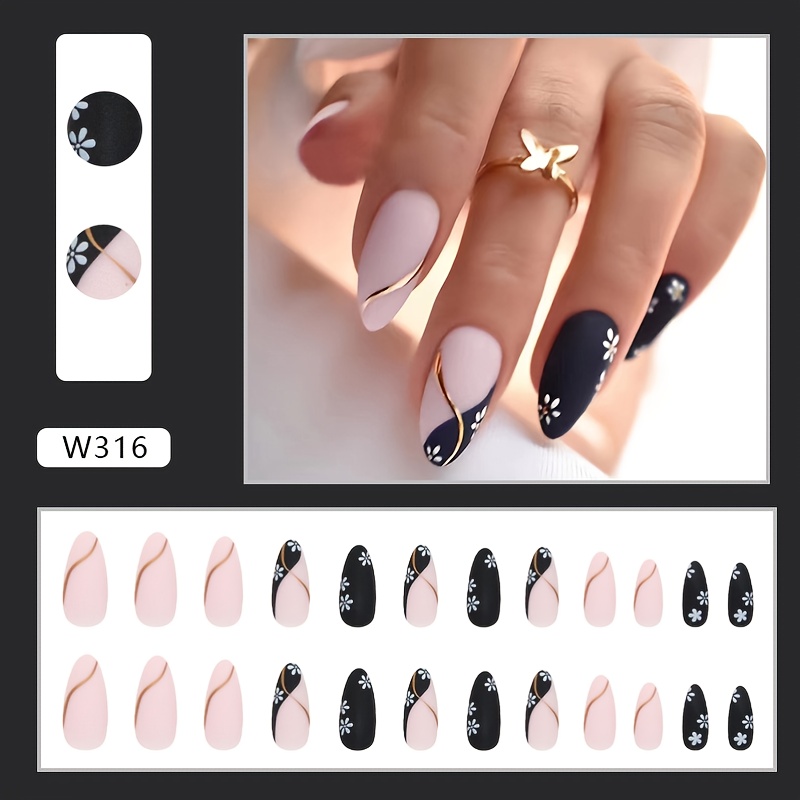 24Pcs French False Nails Almond Fake Nails With Glue Press On