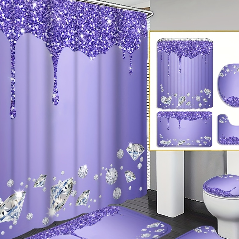 

4pcs Drop Gem Curtain Shower Curtain Decoration, Beautiful Housewarming Gift Modern Home Decoration, Waterproof Shower Curtain And Toilet Floor Mat Three-piece Set Comes With 12 Shower Curtain Hooks