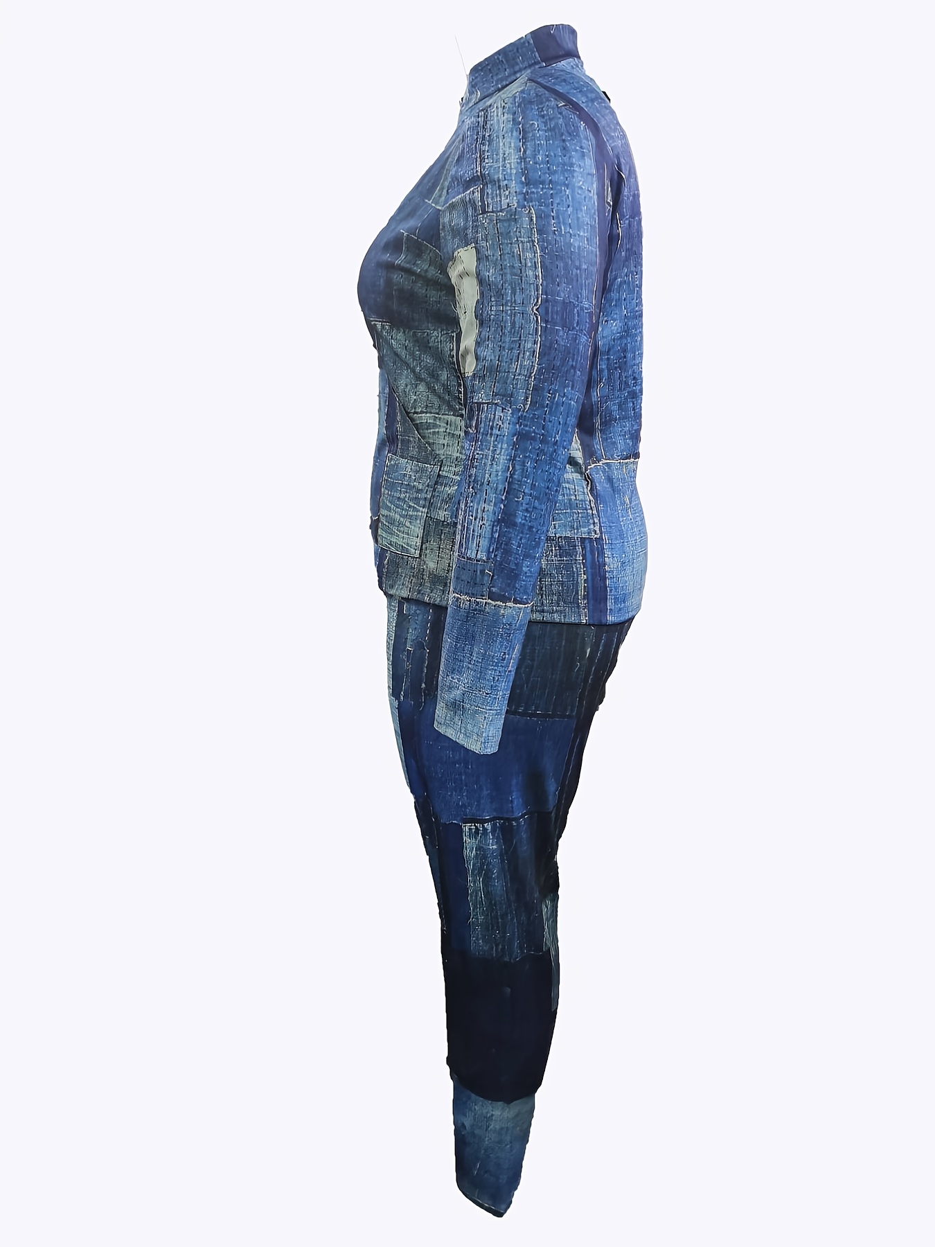 Plus Size Casual Outfits Set Women's Plus Denim Print Zip - Temu