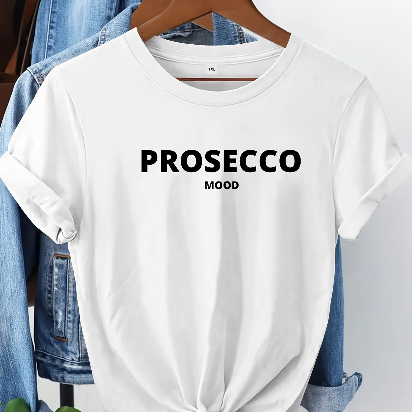 

Women's Plus Size Prosecco Mood T-shirt, Casual Crew Neck Short Sleeve Top, Polyester Knit Fabric With Stretch, Spring/summer Fashion