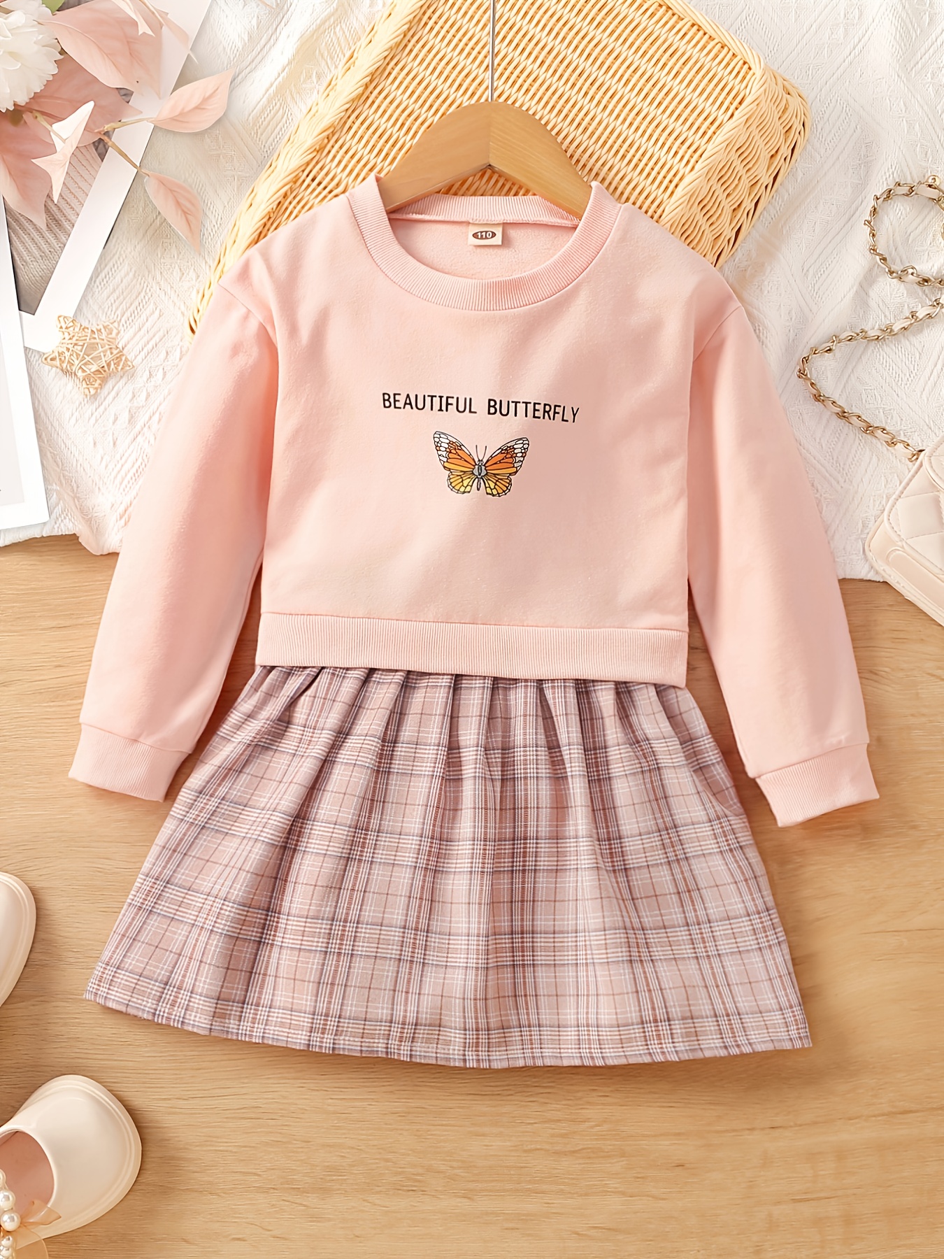 Baby Girls' Vintage College Style Plaid Embroidery Printed Three Piece Set  For Autumn And Winter