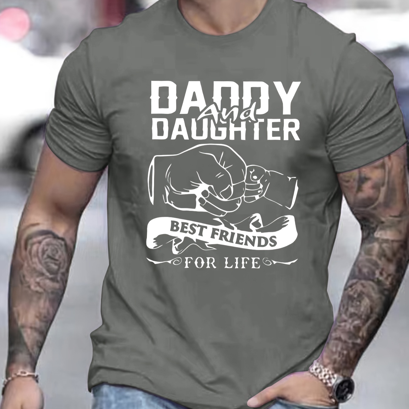 

Daddy Daughter Print Men's Casual T-shirt, Short Sleeve Versatile Comfy Tee Tops For Summer Outdoor