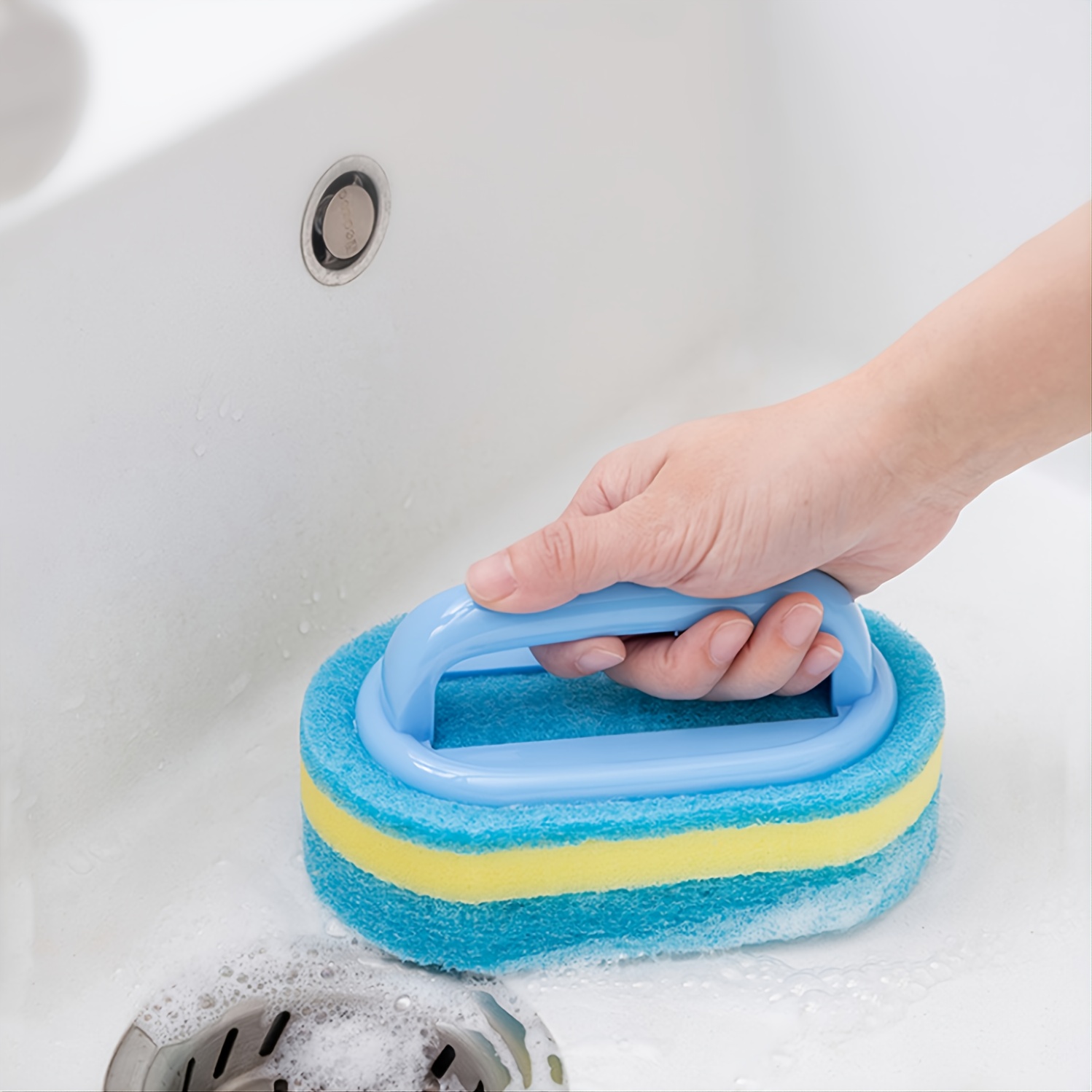 EMPPGS Sponge Wipe with Handle, 2 in 1 Brush Bathroom Wall Cleaning Brush,  Bathtub Sponge Brush, Floor Tile Brush, Kitchen Brush,Bathtub Scrubber