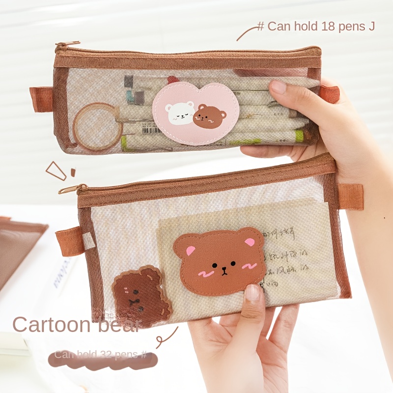 Cartoon Bear Net Gauze Pencil Bag Student Transparent Pencil - Temu