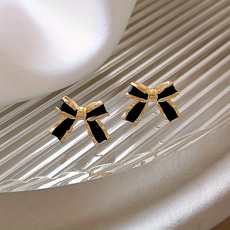 

Elegant Vintage Bowknot Stud Earrings - Black Accent, Alloy With Other Plating, 925 Sterling Silver Ear Needle - For Daily & Party Wear