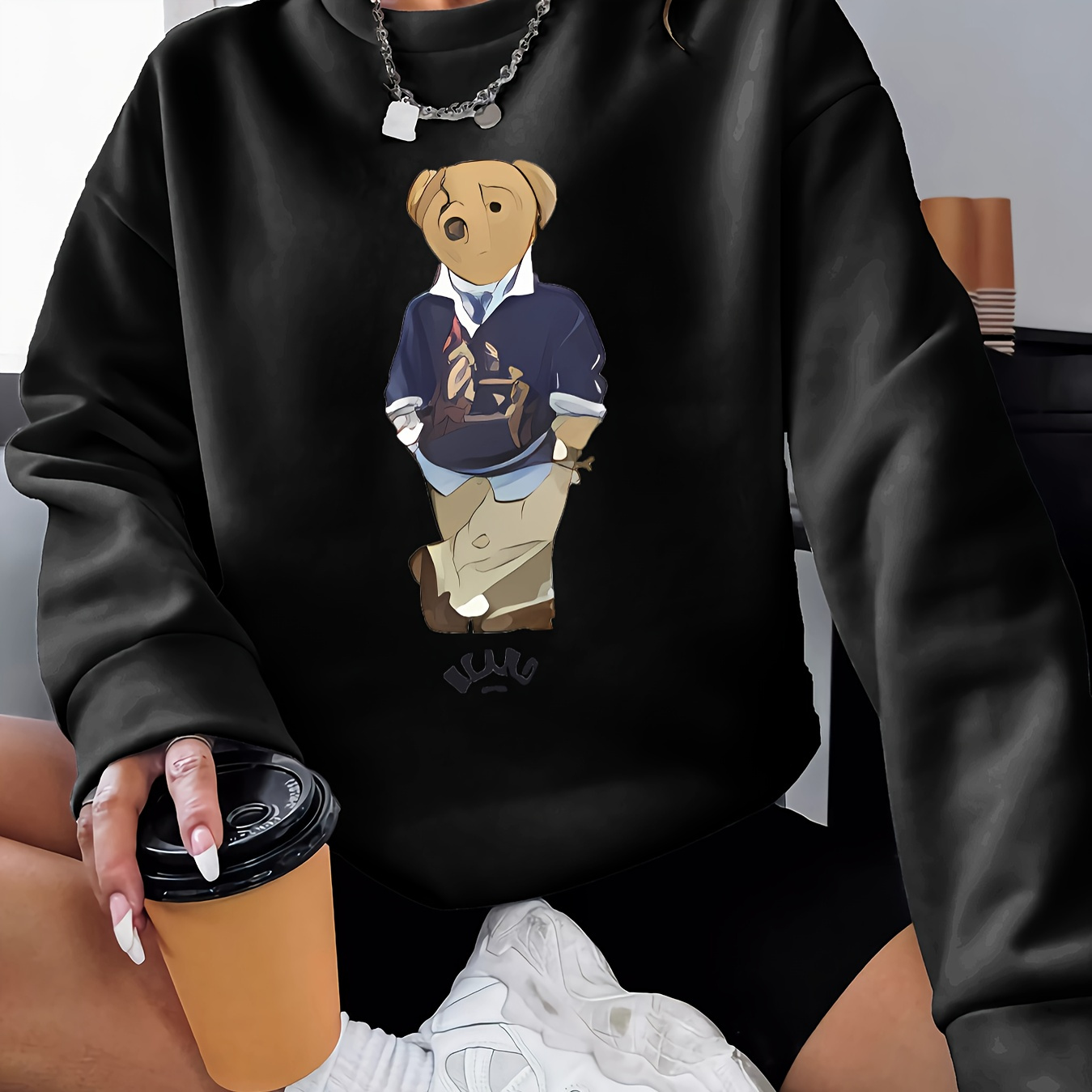 

Cute Bear Graphic Neck Pullover Sweatshirt - Women's Casual Long Sleeve Top - All Wear, Staple