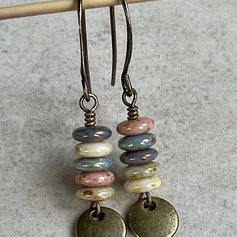 

Vintage Boho-style Alloy Drop & Dangle Earrings With Stacked Beads And Disc Charms - No Plating, Hook Back, Ideal For Daily Wear And Gift-giving