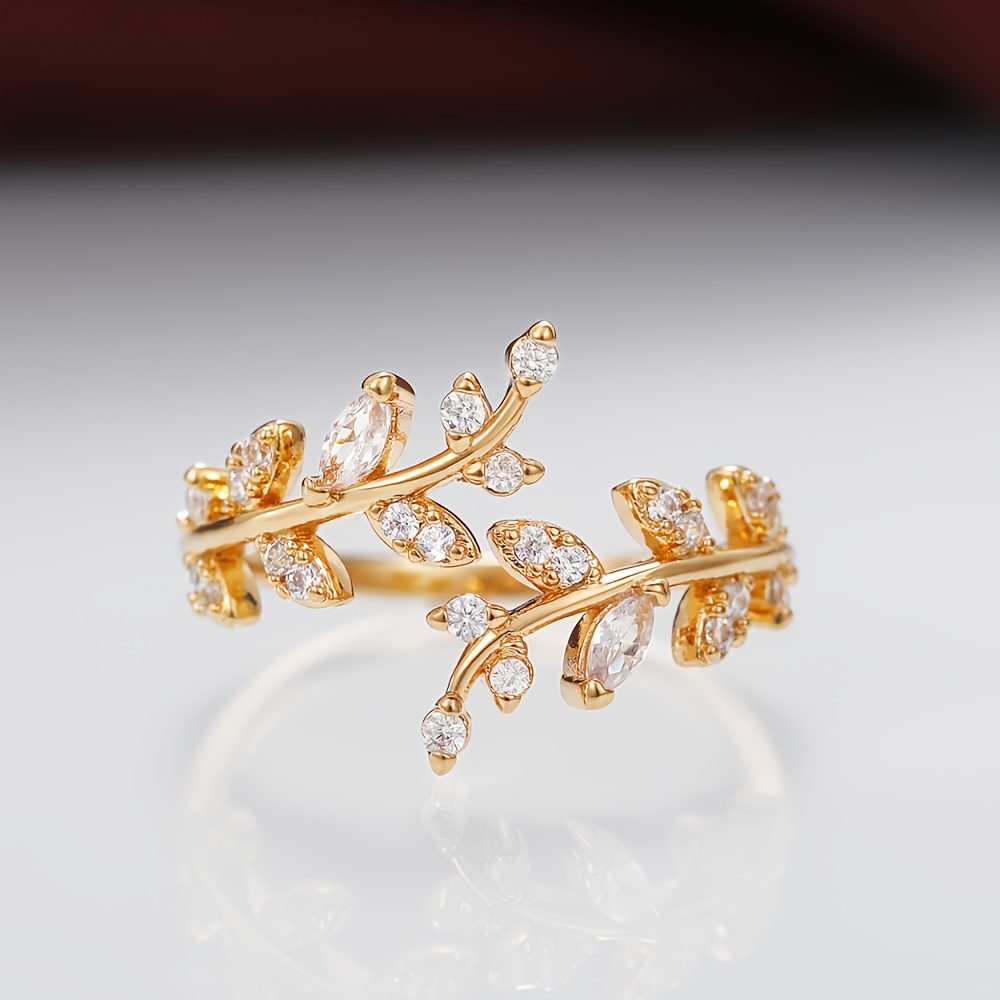 Leaf Shape Adjustable Cuff Ring with Zircon, Delicate