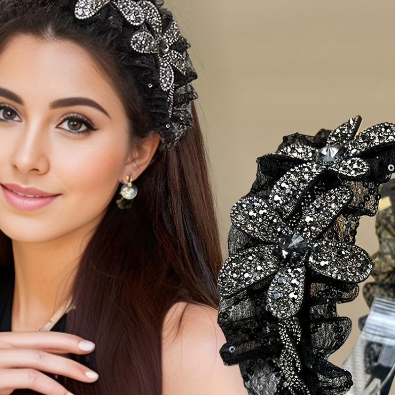 

1pc Elegant Women's Hair Band, Lace Rhinestone Floral Headband, Vintage Style, Sparkling Crystal Accents, Perfect For Parties And Birthdays, Fashion Hair Accessory, T2166