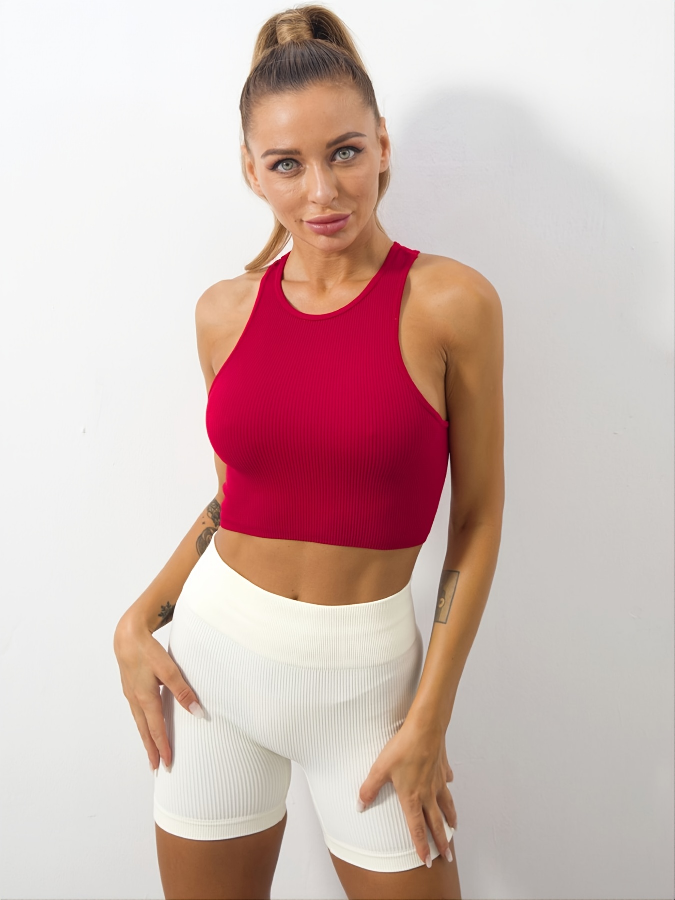 Solid Workout Top Ribbed Shockproof Yoga Shirt Sports Gym - Temu