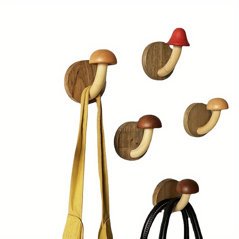 Creative Wooden Mushroom Hook Punch free Solid Wood Coat - Temu