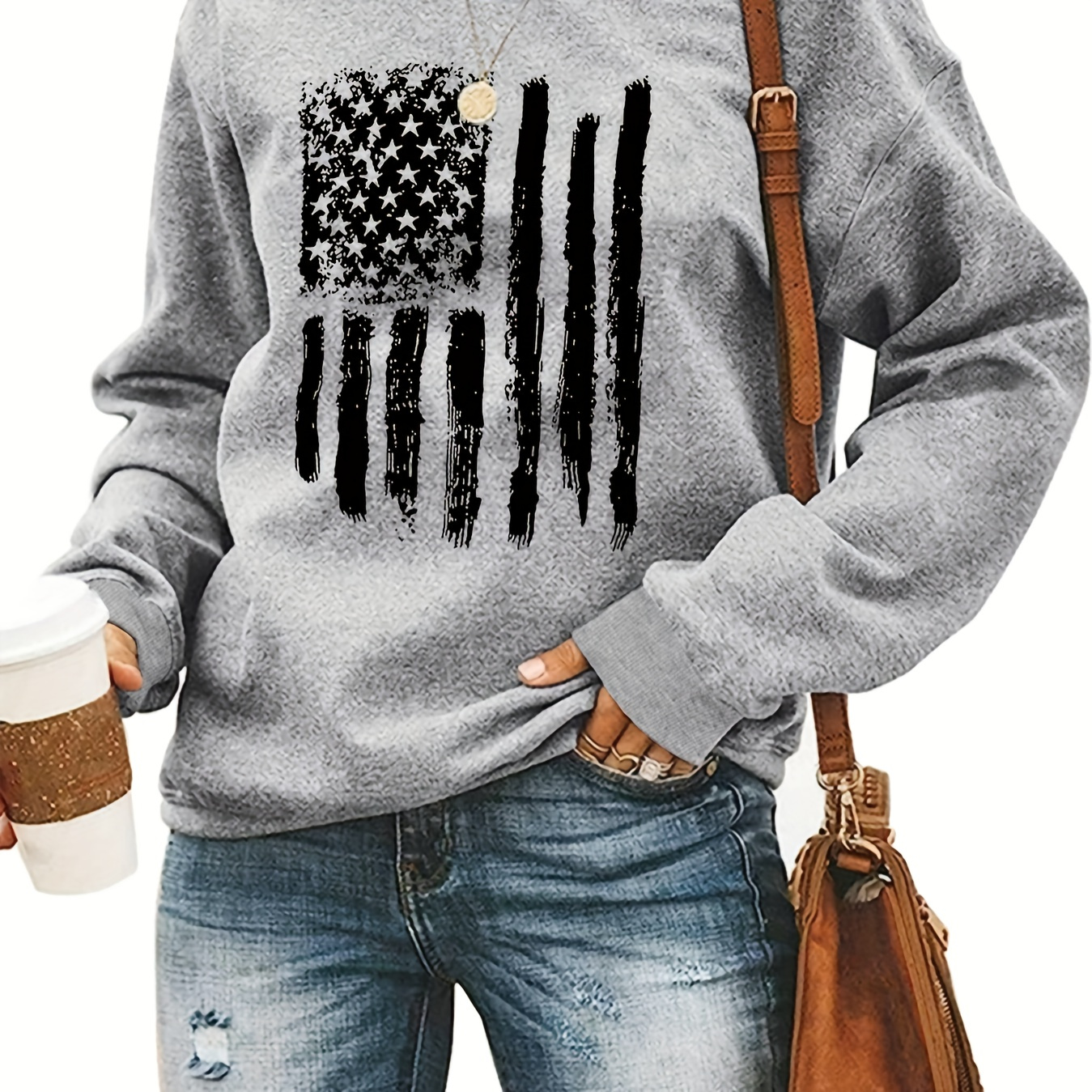 

Flag Graphic Print Sweatshirt, Crew Neck Casual Sweatshirt For Fall & Spring, Women's Clothing