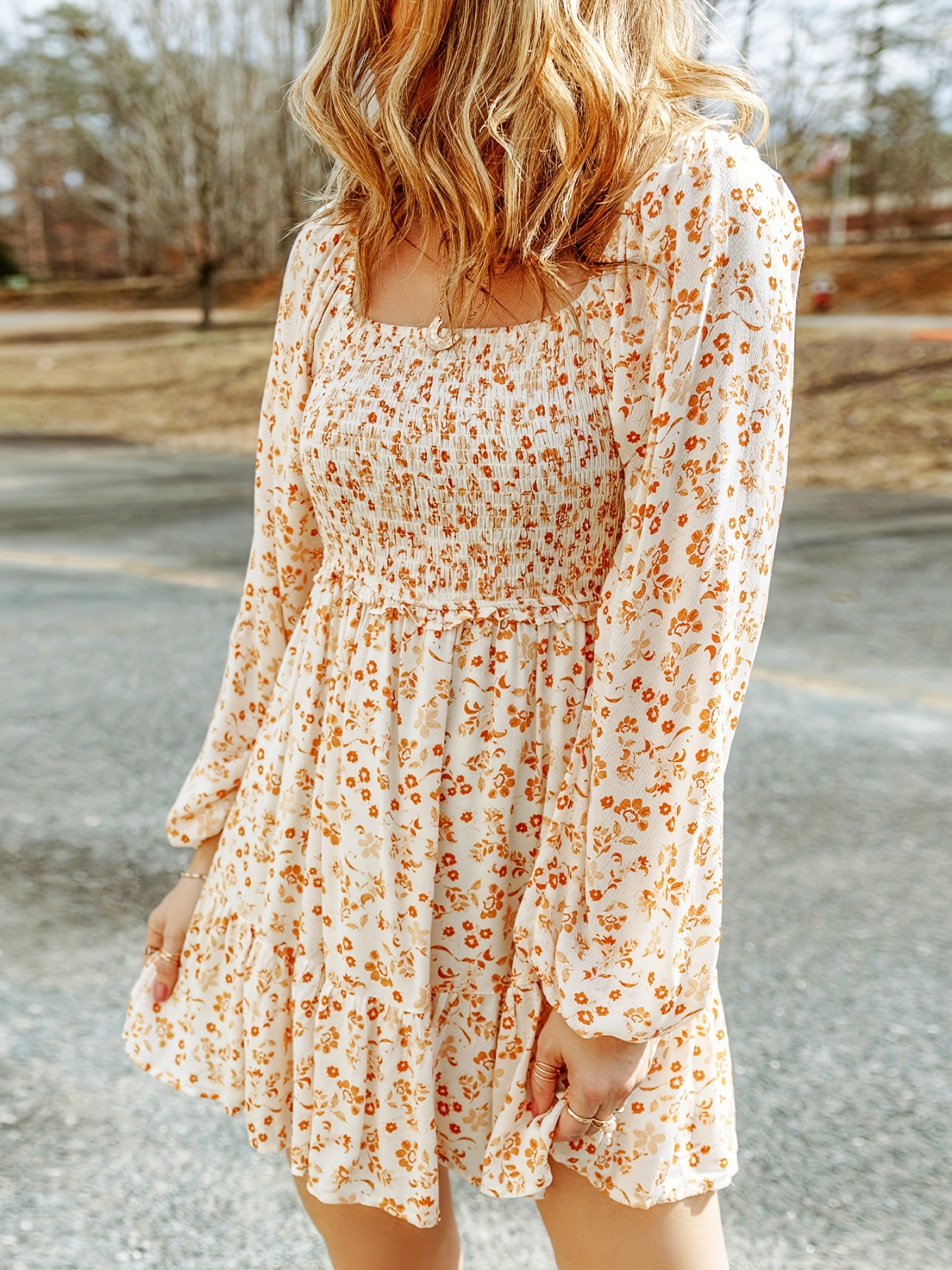 Ditsy Floral Print Shirred Waist Dress