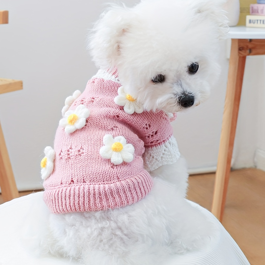 

Adorable Pink Floral Knit Sweater For Small Pets - Soft Acrylic, Hand-wash Only - Ideal For Teddy, Bichon, Pomeranian Puppies & Kittens - Cozy Autumn/winter Wear, Dog Sweater