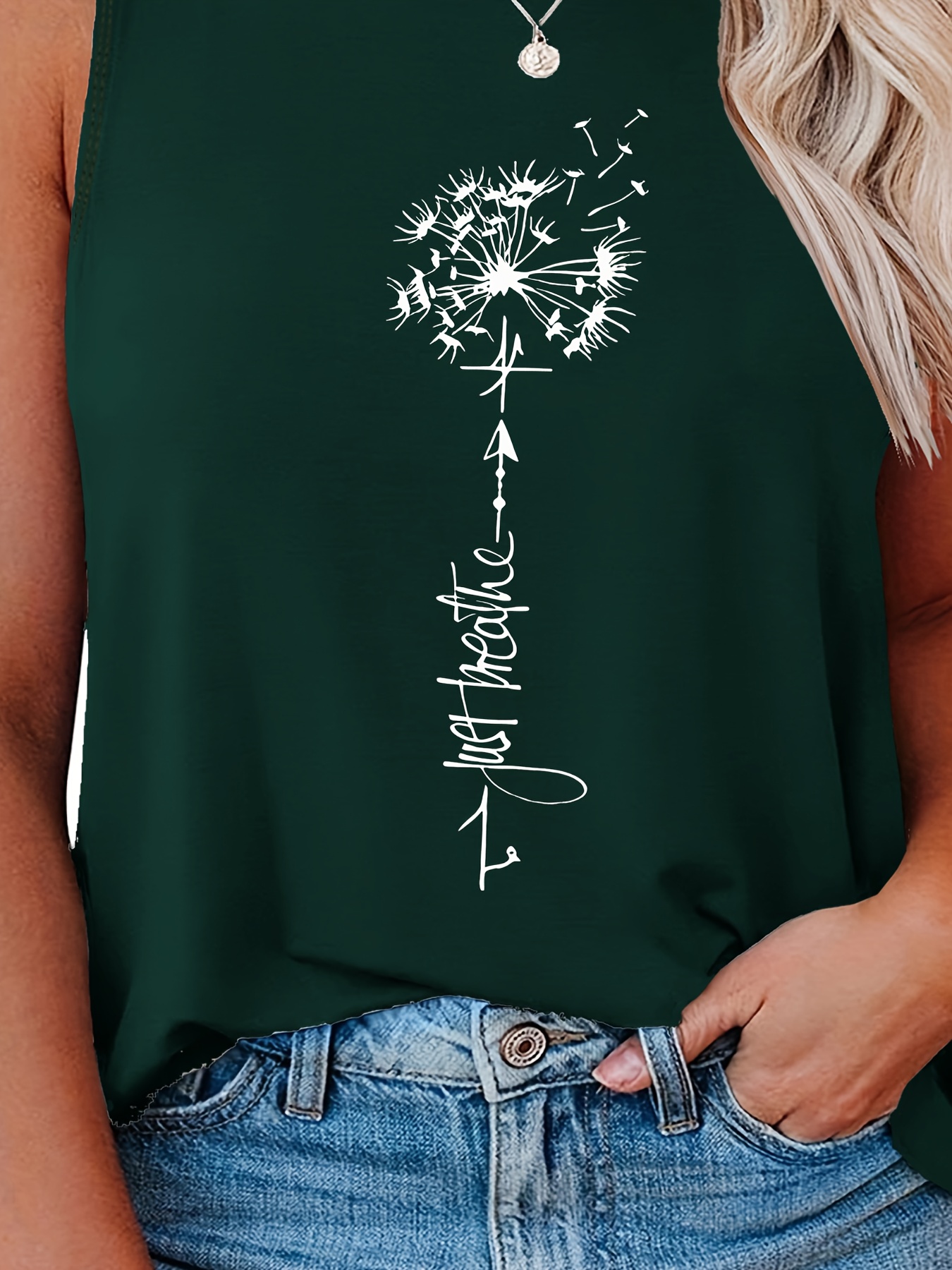 Casual Tank Top Women's Plus Letter & Dandelion Print Round Neck