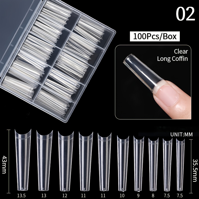 TEMU 100 Unidades De Uñas Postizas Cuadradas/atúd En Caja, Puntas De Acrílico Artificiales De Media Cobertura Para Manicura Con Caja Para Salones De