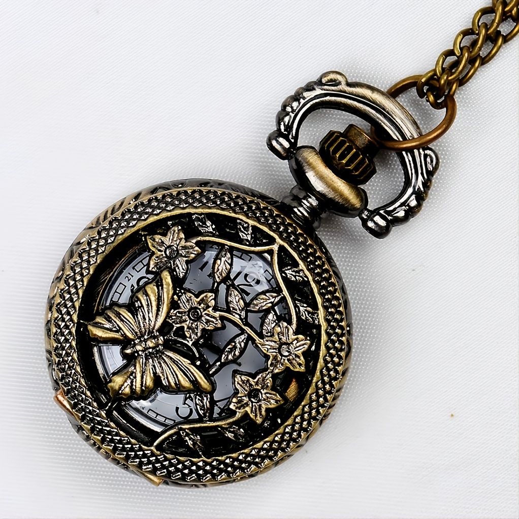 1pc classical carved flower hollow out butterfly pocket watch antique bronze details 0