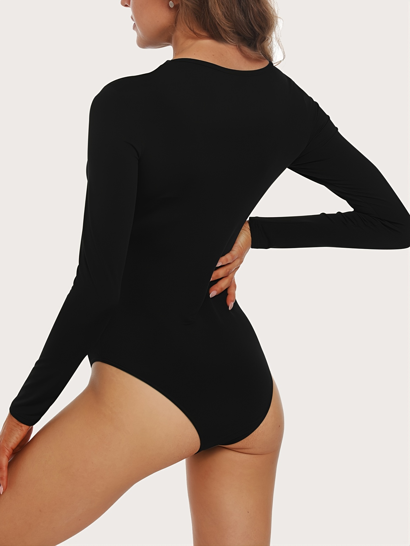  Womens Long Sleeve Square Neck Thong Bodysuit For